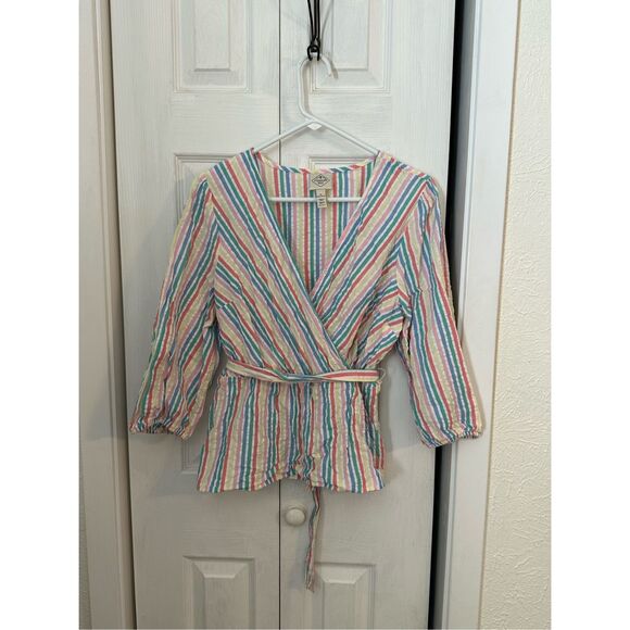 St. John's Bay Women's Stripe Tie Waist Balloon Sleeve Blouse Petite Large - Picture 7 of 7